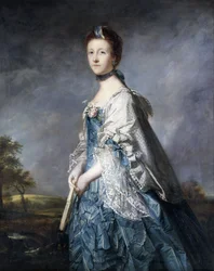 Retrato de Anne, condessa Winterton, de três quartos, vestindo um vestido azul e xale com guarnição de renda, segurando um leque, em uma paisagem,