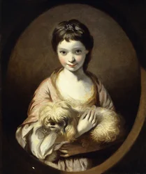 Retrato de Miss Emilia Vansittart, metade do comprimento, usando um vestido rosa e branco segurando um cachorro, c.1767-68