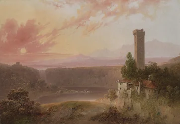 Vista, de, lago, Nemi, em, pôr do sol, c.1840-50