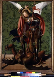 O reverso de um retábulo: São Michel a derrotar o demónio. Pintura de Josse Lieferinxe, ativo entre 1493-1508