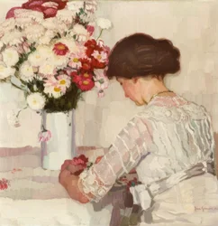 J.Goossens, em pensamento (senhora de branco com flores)