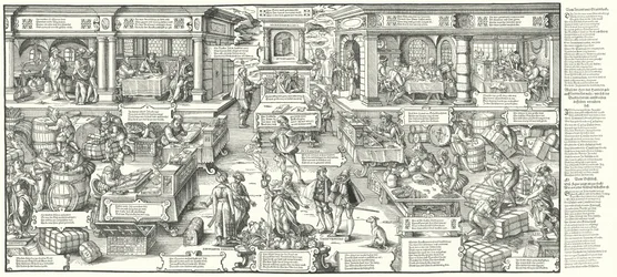 A vida dos comerciantes e comerciantes alemães no século XVI (gravura)