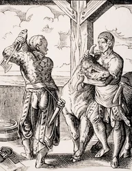 O Carniceiro e o seu assistente, reprodução de uma gravura do século XVI de Jost Amman (1539-91) de 
