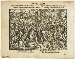 A Passagem do Mar Vermelho (reto) e O Enterro de Jacó (verso) de Neuwe Biblische Figuren, placa 48 de xilogravuras de livros do século XVI