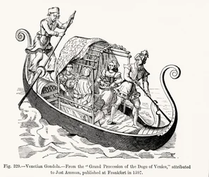 Gôndola veneziana, da Grande Procissão do Doge de Veneza, ilustração da Ciência e Literatura da Idade Média e do Renascimento, escrita e gravada por Paul Lacroix, 1878 (