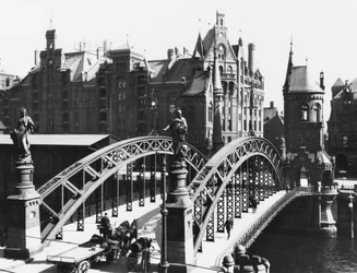 Ponte, em, a, Speicherstadt, (warehouse, city), hamburgo, c.1910