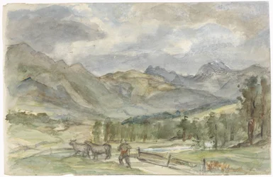 Paisagem montanhosa com pastor e duas vacas
