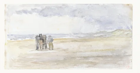 Homem com cavalo e carruagem na praia