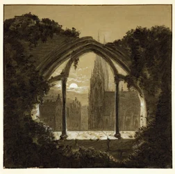 Catedral gótica vista através das ruínas de um castelo ... (desenho a carvão)