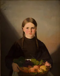 Uma menina com uma cesta de frutas