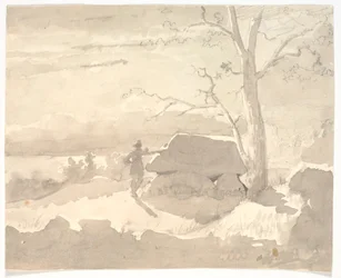 Paisagem ao luar. Um caçador ao lado de um dólmen