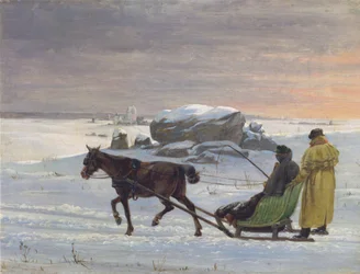 Os pintores Jørgen Roed e Constantin Hansen fazem um passeio de trenó.