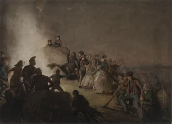 St. A noite hanseática. Camponeses, que acenderam fogueiras em um monte gigante, dançam ao redor do fogo