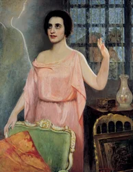 Retrato de Margarita Xirgu (1888-1969), em "la Xirgu en cristalline", dos irmãos Quinteros (óleo sobre tela)