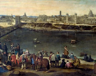 Vista da cidade de Saragoça (Zaragoza) em 1646 Detalhe representando cavalheiros e comerciantes ao longo do rio. Pintura de Juan Bautista del Mazo (1612-1667) 1646 Madrid, Museu do Prado