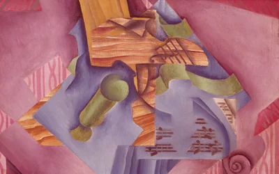 Natureza morta com violino e vidro de Juan Gris (1887-1927), óleo sobre tela, 46x73 cm