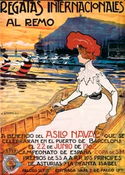 Cartaz para um evento desportivo, «Regatas internacionais de remo», ilustração de Joan Llaverias i Labro (1865-1938). 22/06/1902. DR