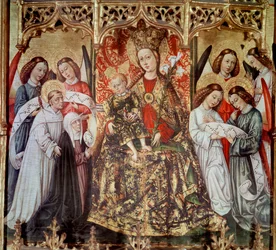 Peça Altar de Santa Úrsula: "Virgem e Criança com Santos e Anjos" Pintura de Joan Reixach (1431-1482) do mosteiro de Santa Maria de Poblet - 1468 (Peça Altar Santa Úrsula, pintura de Joan Reixach do mosteiro de Santa Maria de Poblet