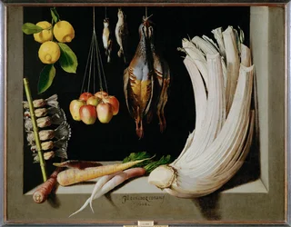 Natureza-morta de caça com pássaros, legumes e limões (pintura sobre tela)