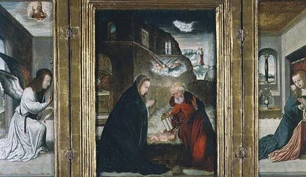 O Tríptico do Nascimento de Cristo com a Natividade ladeado pela Anunciação (painel) (ver também 82427)