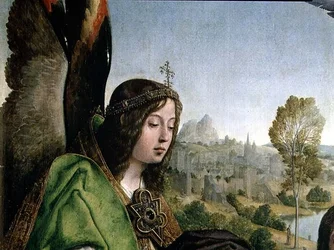 Batismo de Cristo, detalhe da cabeça de um anjo (óleo sobre painel)