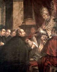 Santo Inácio recebendo a bula papal de fundação da Companhia de Jesus (jesuítas) do Papa Paulo III