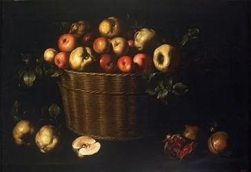 Cesto com maçãs, marmelos e romãs