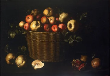Cesta com maçãs, marmelos e romãs