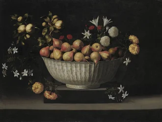 Flores e frutas em uma tigela de porcelana, c. 1645.