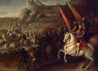 "Batalha" Pintura de Juan de la Corte(1597-1660) 1643 Dim 66,5x88 cm Estado Hermitage, São Petersburgo