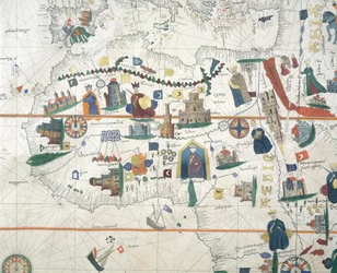 Detalhe da África e Bacia Mediterrânica, por Juan de la Cosa, carta náutica