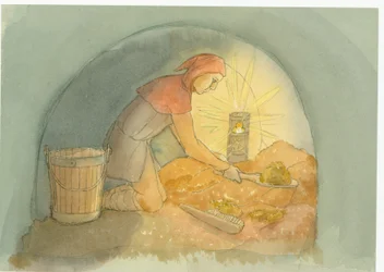 Um limpador medieval de fossas sanitárias a trabalhar, 2004