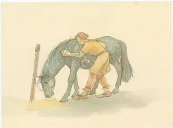 Um noivo medieval escovando um cavalo, 2004.