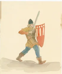 Um soldado medieval carregando uma longa espada na mão direita e um escudo na esquerda, 2004.