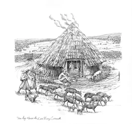 Agricultores e um rebanho de cabras fora da Idade do Ferro Roundhouse, c1990-2010