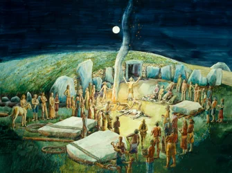 Cerimônia neolítica em West Kennet Long Barrow, Wilshire, c1985-c2012