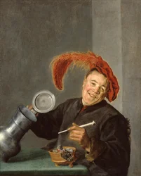 Homem alegre com um jarro de estanho e um cachimbo