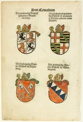 Brasões de bispos (frente e verso) de Das Concilium so zu Constantz, chapa 26 de xilogravuras de livros do século XVI