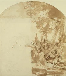 Claudius Civilis deixando as mulheres e crianças para lutar em Xanten (caneta e tinta marrom sobre lápis sobre papel) (inacabada)