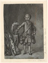 Retrato de menino ereto em artes de caça; televisão. mesa com chapéu de caça e espingarda de cano longo. Príncipe Peter Carl Ulrich?