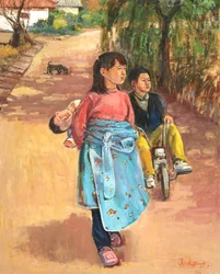 Crianças num caminho da aldeia