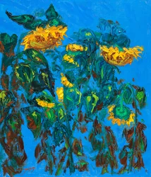 Girassóis pintados e céu azul