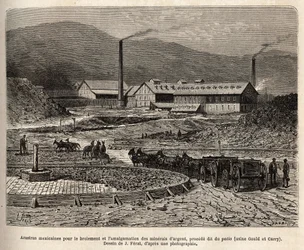 Arrastras mexicanas (área pisada pelos cascos das mulas, como na debulha dos cereais) para a moagem e amalgamação de minérios de prata (fábricas Gould e Curry) nas proximidades de Virginia City (Nevada), gravura segundo um desenho de J. Férat, ilustração