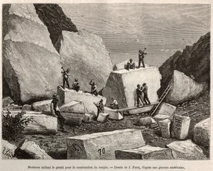 Granito mórmon esculpido para a construção do templo. Gravura depois do desenho de J.Ferat, para ilustrar a história La conquete blanche, de William Hepworth Dixon, em 1875, publicada em "Le tour du monde" 1876, editada por Edouard Charton, edição Hachette