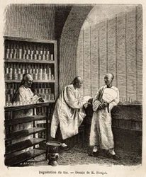 A degustação do chá, na sala de degustação de uma fábrica de pólvora em Fati Bay (província de Cantão), nas prateleiras as caixas contêm as amostras do chá, na mesa central, as chávenas com tampa especialmente concebidas para a degustação pelos profissiona