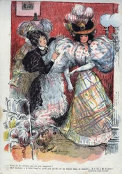 Não achas que são um pouco exagerados? Desenho humorístico de Abel Faivre (1867-1945). "The Laughter", n. 45 1895. - Uma mulher experimenta um vestido novo, com duas mangas grandes. Ela está a pedir conselhos ao seu vestido.
