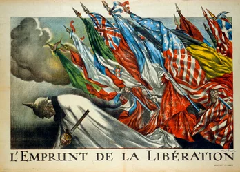 Primeira Guerra Mundial: "O Empréstimo da Libertação", Guilherme II (1859 - 1941) fez uma vénia sob as bandeiras dos Aliados. Ilustração de Abel Faivre (1867-1945)