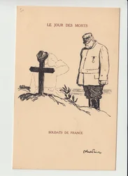Postcard, Satirique en N & B, ca. 1915: Dia dos Mortos - Guerra de 14 -18, Luto Obseques Funerailles - Joffre, Soldados Ilustração de Abel Faivre (1867-1945)