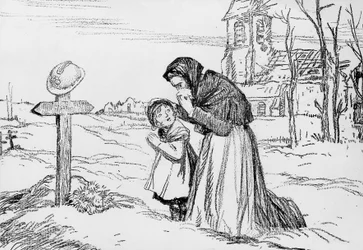 Viúva e sua pequena filha chorando sobre o túmulo de seu pai e marido durante a Primeira Guerra Mundial, 1 de novembro