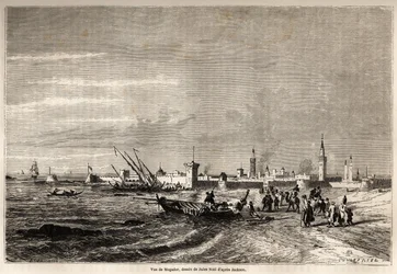 Vista de Essaouira (antiga Mogador), desenho de Jules Noel (1810-1881), para ilustrar a viagem de F. Schickler a Marrocos em 1860. Gravura em "Le tour du monde, nouveau journal des voyages" Paris